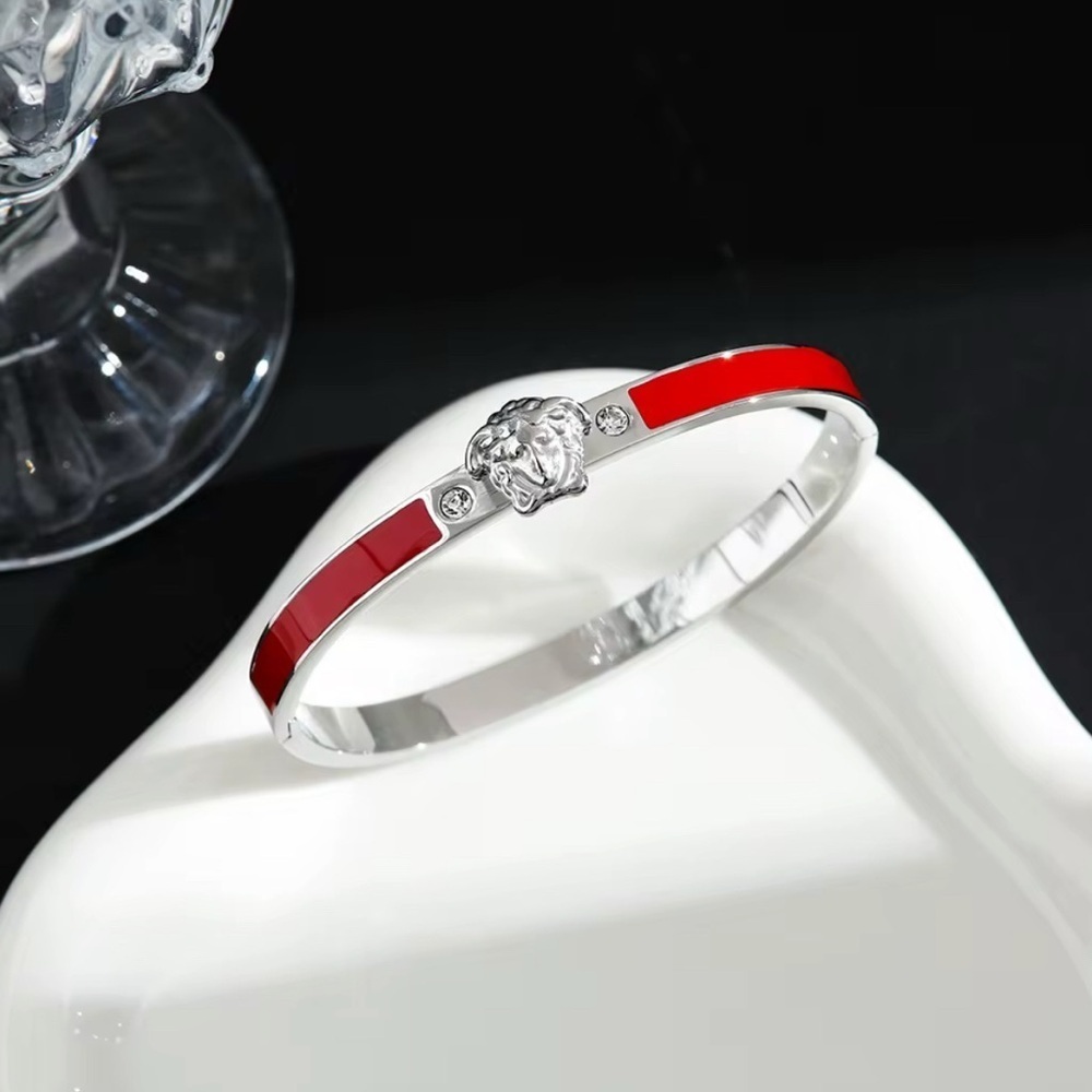 18K White Gold Medusa Head Red Oil Drip Stackable Diamond Inlay Bracelet No Fade